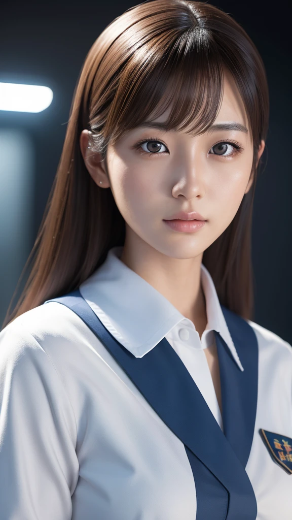 A beautiful young Japanese woman, around 20 years old, wearing a stewardess uniform, ultra-detailed, 8K resolution, highly realistic, cinematic lighting, best quality, masterpiece, photorealistic, physically-based rendering, extremely detailed, vivid colors, professional, sharp focus, studio lighting