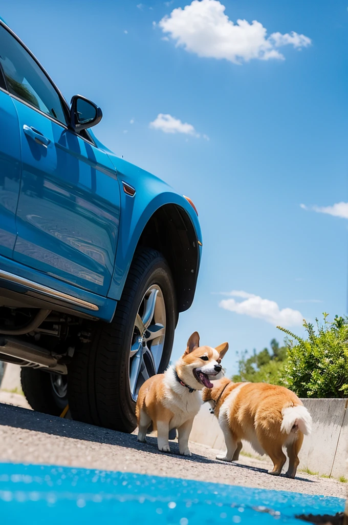 Corgi dog peeing on car in sunny weather with blue sky