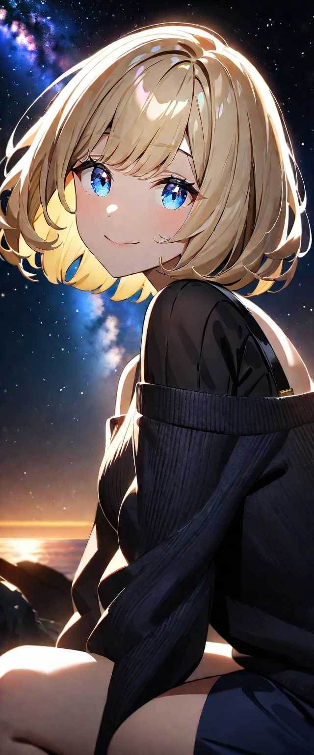 (((a beautiful starry sky, the Milky Way shining beautifully in the night))), ((Aran sweater)), ((((from side)))), (((focus on face))), closeup shot, ((leaning forward)), ((sitting on the very high cliff)), wavy hair, inward curled hair, sea, ((blond hair, bob cut:1.3)), breasts, teenager, (looking at viewer), oversized clothes, puffy long sleeves, ((off-shoulder sweater:1.3, Quite thick shoulder straps)), ((black sweater)), collarbone, head tilt:1.3, (((blue eyes))), happy smile, (((anime style))), (best quality, 4K, 8K, highres, masterpiece:1.2, ultra-detailed, ultra-detailed eyes, HDR, uhd, studio lighting, ultra-fine painting, sharp focus, physically-based rendering, extreme detail description, professional, vivid colors, bokeh)