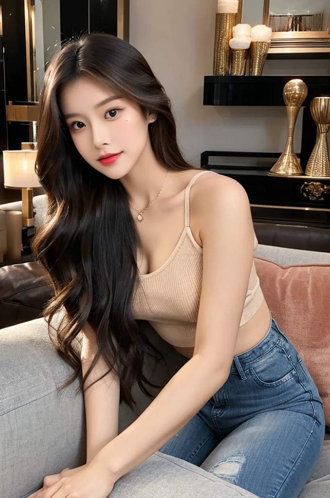 Generate an image of a stunning 20-year-old Asian woman with beauty akin to a goddess of the fire element. She has big brown eyes, dark brown hair, glowing skin, and an attractive appearance. She is wearing a beautiful top paired with blue skinny jeans. The woman is sitting sweetly on a living room sofa, her posture relaxed and inviting, surrounded by cozy and elegant decor.