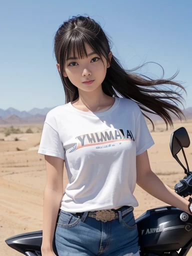 Japanese female, a lot of details, (underweight), 30 years old, detailed black hair, beautiful detailed hair, super fucking beautiful, desert, (riding motorcycle:1.2), (yamaha off road motorcycle),running at full speed, (white t-shirt), (denim shorts), in the desert, with a sun, long shot, dynamic angle,motion blur:1.6