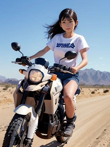 Japanese female, a lot of details, (underweight), 30 years old, detailed black hair, beautiful detailed hair, super fucking beautiful, desert, (riding motorcycle:1.2), (yamaha off road motorcycle),running at full speed, (white t-shirt), (denim shorts), in the desert, with a sun, long shot, dynamic angle,motion blur:1.6