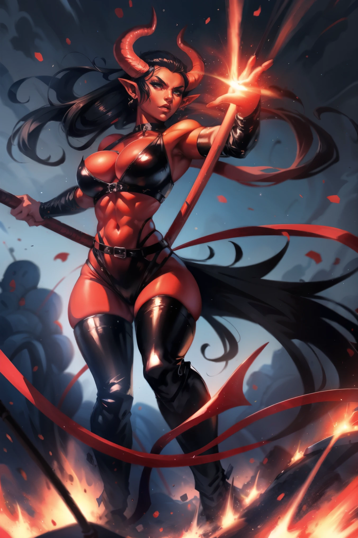 Red skin succubus tiefling, medium breasts, black horns, wings, huge tail, black leather, crop top, thong, tall, toned, graceful, thin, long black ponytail. Action scene, whip. Dark scene, explosions, night sky.