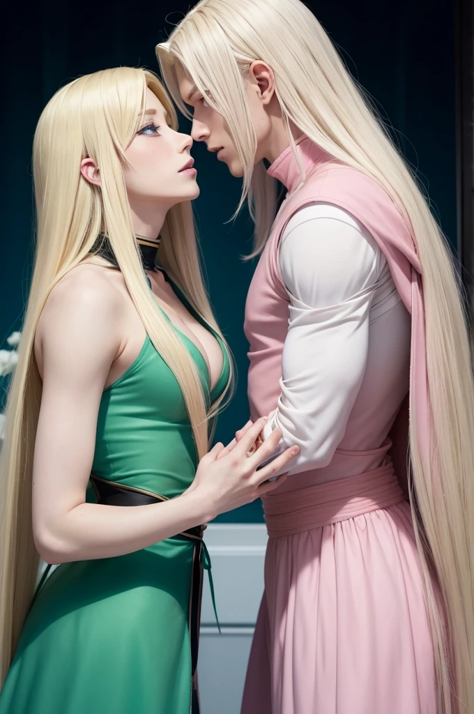 Lancelot with pink eyes and blonde hair next to Tristan with green and blue eyes with long albino hair from the anime of Nanatsu no Naizai in an almost kiss, in their faithful anime costumes and anime aesthetics.
