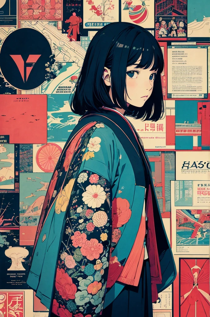 flat color,there is a girl standing in front of a collage of pictures,collage artwork, nostalgic melancholic artwork, collage art, japanese magazine collage, inspired by Victo Ngai cmyk palette, collage art background, a contemporary artistic collage,