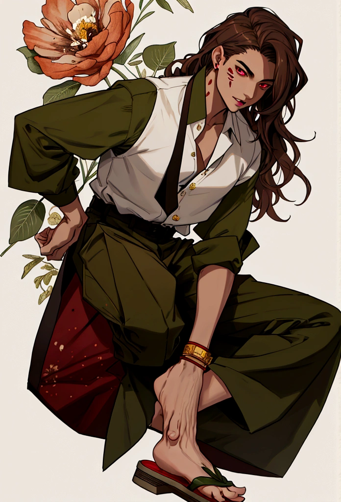young male, demonic traits, has an unparalleled beauty, long wavy brown hair, ruby red eyes, BROWN SKIN, parts,diamond face, slightly small and oval lips, splattered nose, medium complexion, olive green sleeveless button down shirt, Gray haakama pants and white geta shoe, open haori with floral details, white tones with olive green and gold.