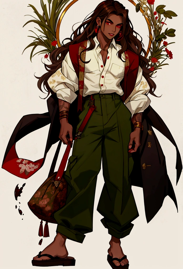 young male, demonic traits, has an unparalleled beauty, long wavy brown hair, ruby red eyes, BROWN SKIN, parts,diamond face, slightly small and oval lips, splattered nose, medium complexion, olive green sleeveless button down shirt, Gray haakama pants and white geta shoe, open haori with floral details, white tones with olive green and gold.