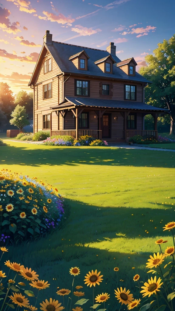 Create a stunning, serene digital artwork of a cozy countryside home bathed in the golden light of the setting sun. The house, a charming two-story with a welcoming porch, is nestled among a vibrant, sprawling garden. The garden is a riot of colors, filled with daisies, sunflowers, and various wildflowers that sway gently in the breeze.
In the foreground of the scene, the lush green grass, surrounded by blooming flowers. He appears lost in thought, gazing dreamily at the house, perhaps imagining the stories and adventures that could unfold in such a beautiful place.
The sky is a canvas of warm hues, with streaks of pink, orange, and purple as the sun sets, casting a soft glow over the entire scene. The atmosphere is peaceful and idyllic, evoking a sense of nostalgia and longing for a simpler, more magical time.