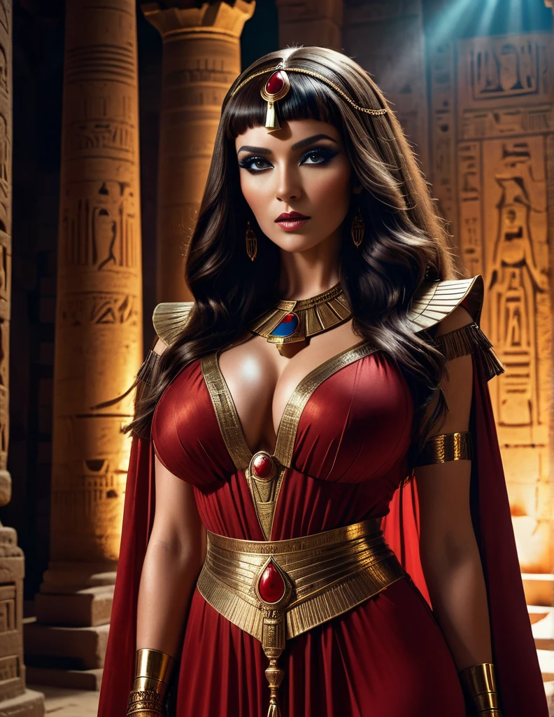 dramatic gothic dominatrix cleopatra in mysterious ancient egyptian temple, dark and intense gaze, long light brown hair, intricate detailed traditional robes in red and brown, cinematic dramatic lighting, supernatural scene captured in 8k resolution, breathtaking beauty and depth