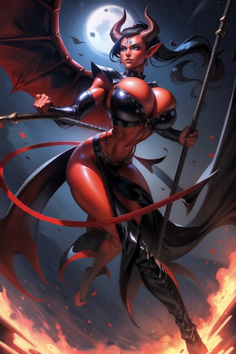 Red skin succubus tiefling, large breasts, black horns, wings, huge tail, black leather, crop top, long flowing pelvic curtain, tall, toned, graceful, thin, long black ponytail. Action scene, whip. Dark scene, explosions, night sky.