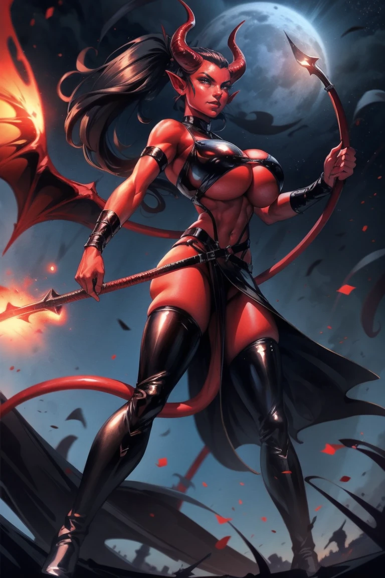 Red skin succubus tiefling, large breasts, black horns, wings, huge tail, black leather, crop top, long flowing pelvic curtain, tall, toned, graceful, thin, long black ponytail. Action scene, whip. Dark scene, explosions, night sky.