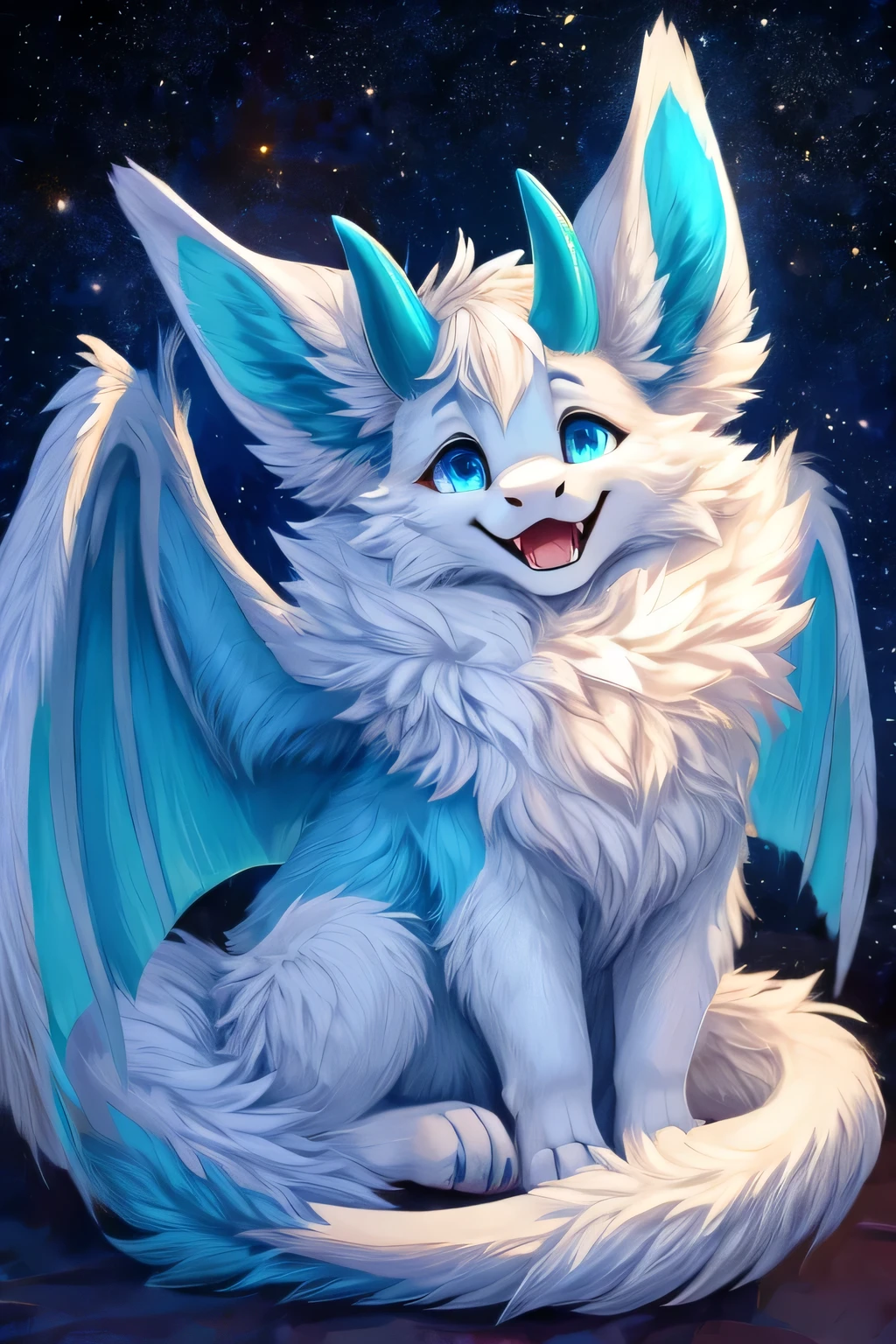 furry art, feral, furred dragon, female, white and blue fur, thicc, wings, 4 ears, four ears, 4 big ears, multiple ears, many ears, horns, tail, chest fluff, paws, fangs, embarrassed, happy, blind, faded eyes, faded blue eyes, faded cloudy eyes, staring off into space, extra fluffy, quadruped, drunk, intoxicated