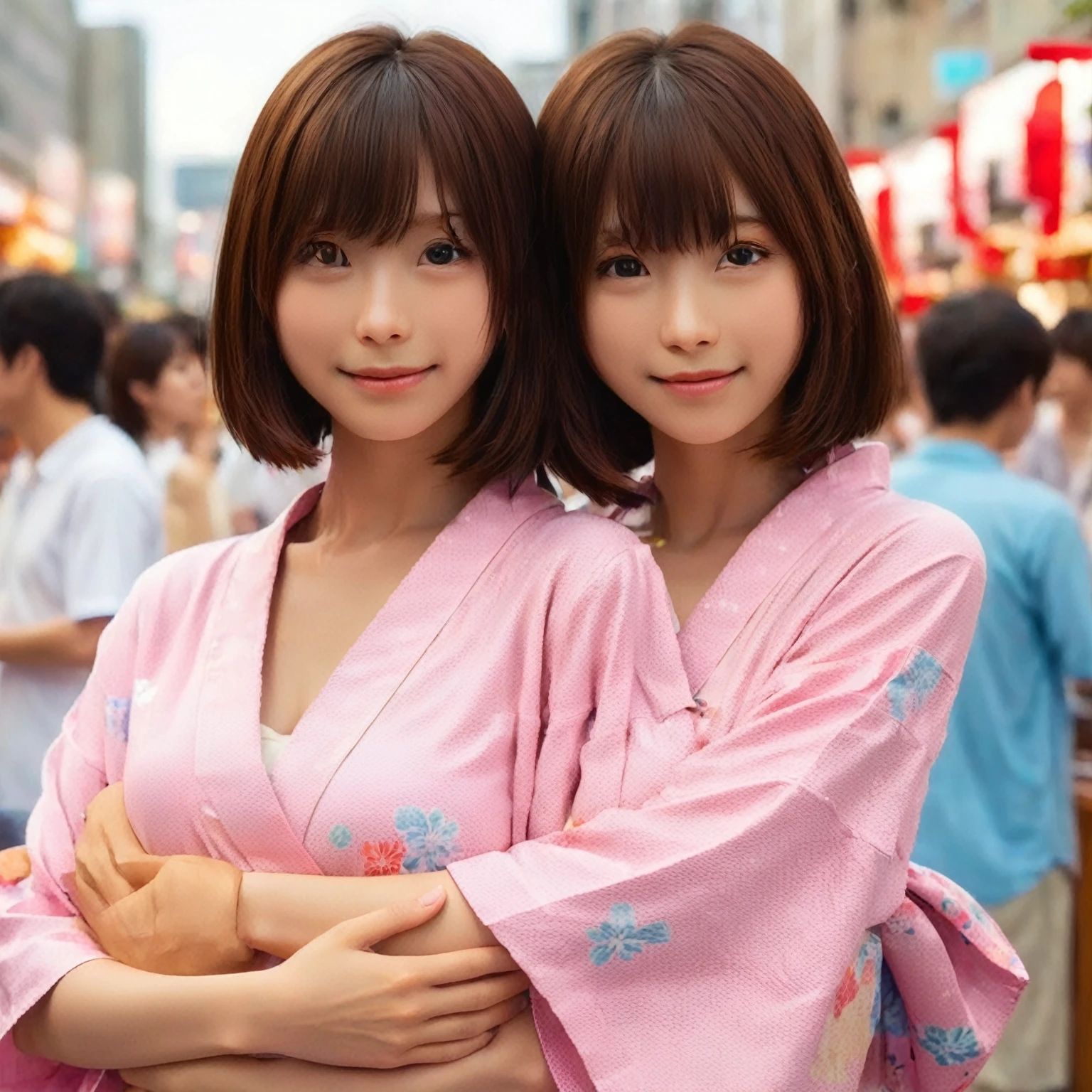 japanese 2 girls, they are twins of same tall,standing at the Tanabata festival venue, (wearing a japanese pink yukata:2),(photoshoot style, shooting from front, upper knee statue, body facing forward), 26 years old, (toned body type:1.2, tall height 5.35 feet), (small breast :1.2, hemispherical udder silhouette:1.2), little smiling, perorbital swelling, brown fluffy and wavy short-cut hair, natural bangs, detailed brown eyes, detailed finger, suppin, no make, (photorealsitic:1.4), (high-resolution details of human skin texture:1.2, rough skin:1.2, Uneven skin tone:1.6, skin texture must be natural:1.1), top-quality, ​masterpiece, high resolution, raw photo, natural soft light, professional lighting