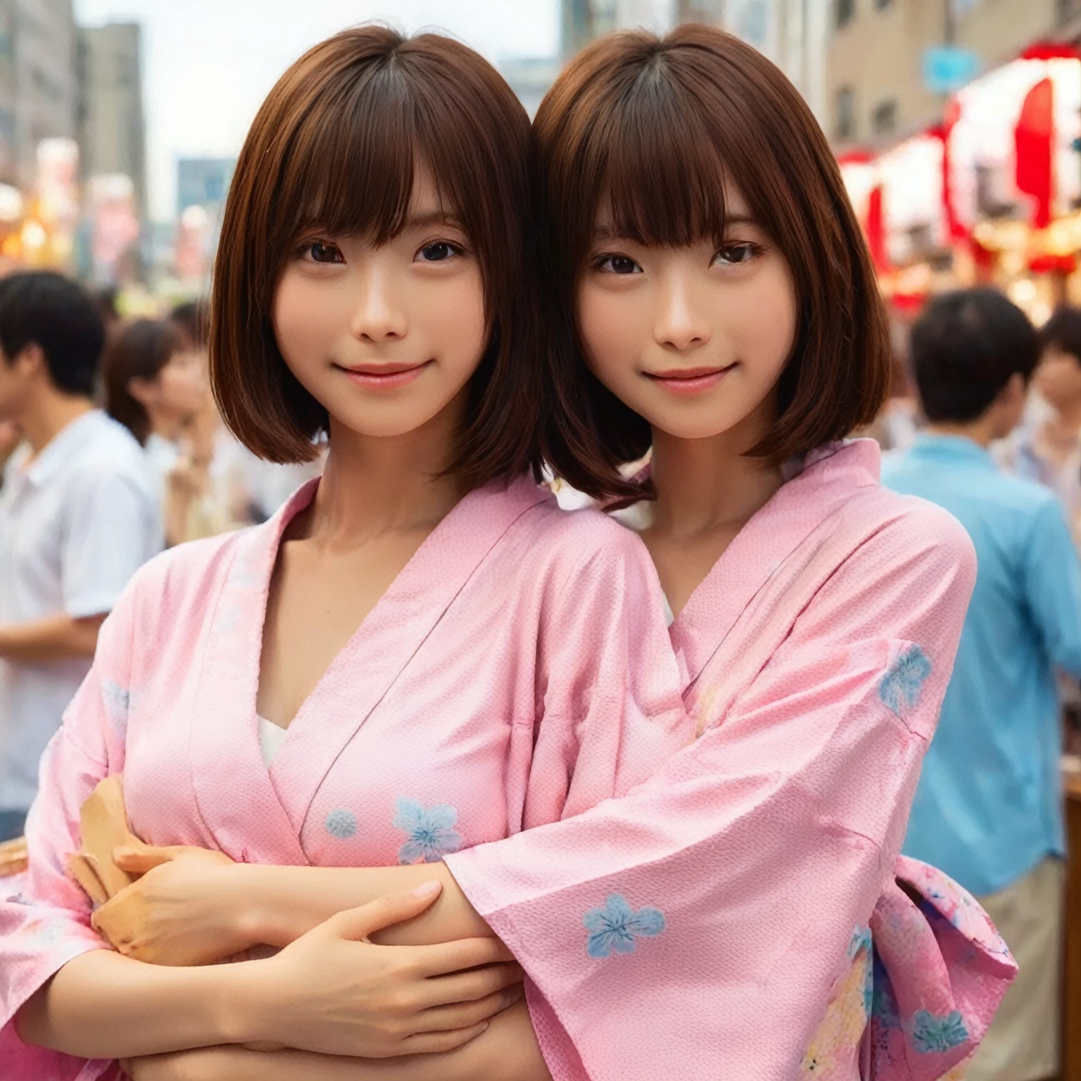 japanese 2 girls, they are twins of same tall,standing at the Tanabata festival venue, (wearing a japanese pink yukata:2),(photoshoot style, shooting from front, upper knee statue, body facing forward), 26 years old, (toned body type:1.2, tall height 5.35 feet), (small breast :1.2, hemispherical udder silhouette:1.2), little smiling, perorbital swelling, brown fluffy and wavy short-cut hair, natural bangs, detailed brown eyes, detailed finger, suppin, no make, (photorealsitic:1.4), (high-resolution details of human skin texture:1.2, rough skin:1.2, Uneven skin tone:1.6, skin texture must be natural:1.1), top-quality, ​masterpiece, high resolution, raw photo, natural soft light, professional lighting