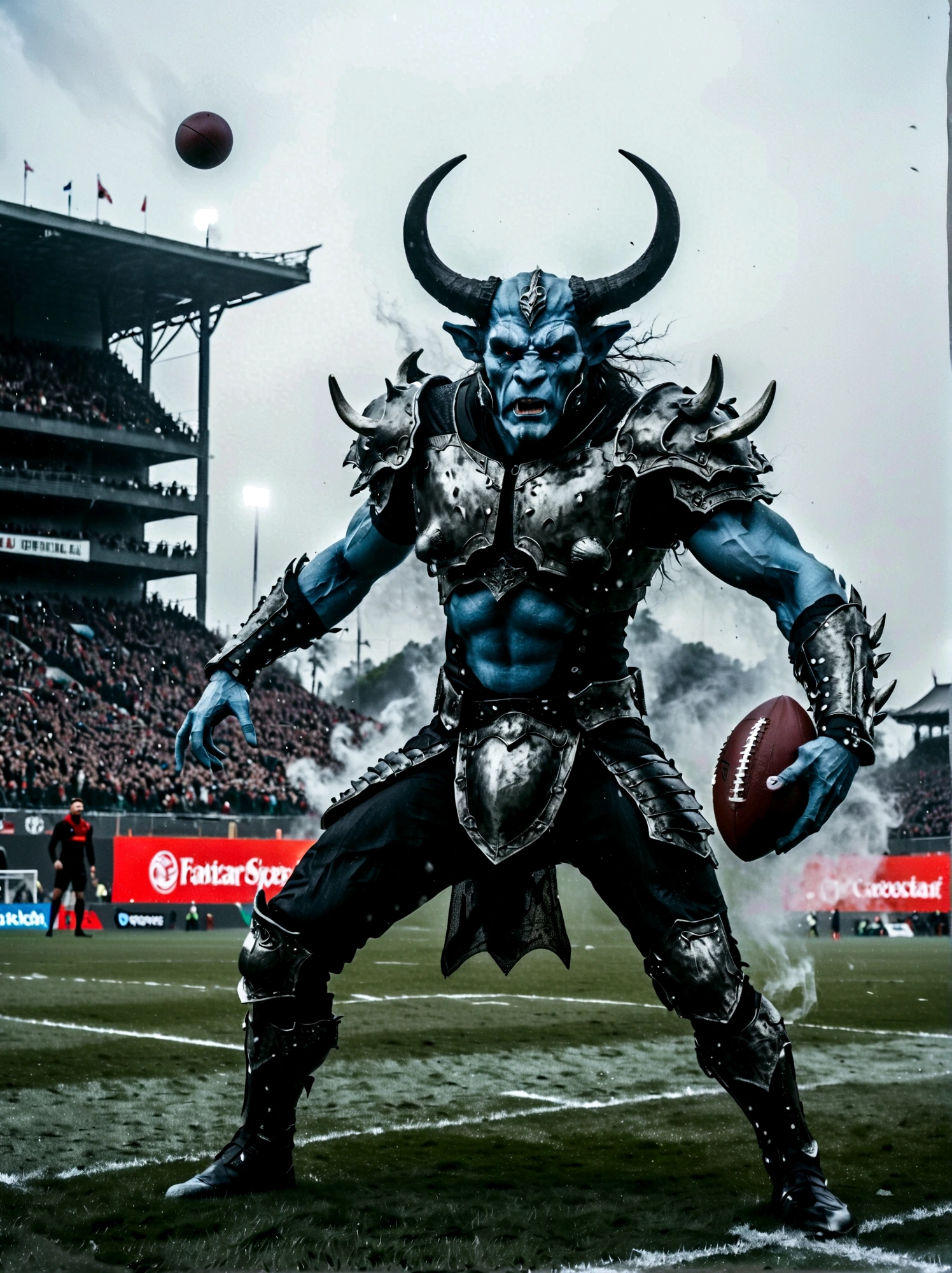 A Middle Eastern football player in action. This image has been painted with vibrant colors and bold brushstrokes to accentuate the energy and intensity of a professional athlete. The athlete possesses a strong and muscular body, with well-defined arms that project a powerful athletic aura. His confident pose encapsulates his readiness to rule the field. The dynamism of the scene, frozen through the capture of a high-speed lens, showcases his agility and tenacious determination. The vibrant color palette adds another layer to the excitement, punctuating the football player's intense focus. This image, drawing inspiration from hyperrealism, embodies the essence of a professional football player. Perfect as a sports magazine cover or motivational poster.