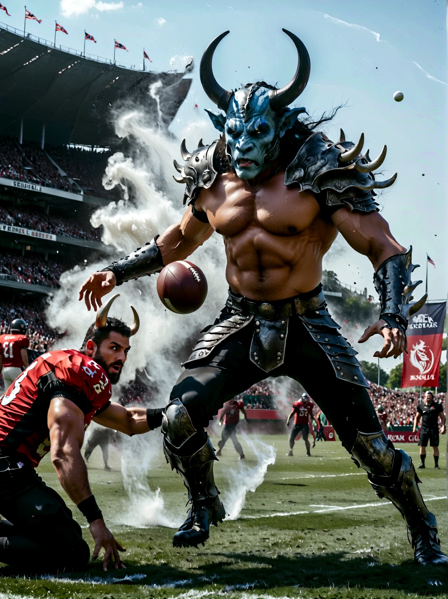 Generate an image of a fantastical sports scene, with action taking place on a pitch that combines American football and fantasy elements. There is a muscular, horned humanoid creature, similar to a Minotaur, who is graspping the ball tightly in his hands. The creature has icy blue eyes and a pair of large, curved white horns. He's wearing a sort of armored outfit suitable for a combative sport, akin to a rugby uniform, but much more detailed and fantastical. Around the pitch, there are sinister decor elements such as a moat with spiked obstacles and gargoyles watching the unfolding match. The crowd is a lively mix of various fantastical races, cheering and roaring in excitement.