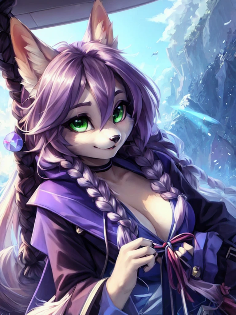 A beautiful and detailed (sweet portrait) wa, Star Fox, sslim, lovable, green eyes, medium breasts, (((Long hair 1.3))), Decollete, anthro, furry, Uploaded E621, detailed fluffy fur, (wa Fluff-Kevlar, Bayard Wu, personalize me, Pino Daeni), detailed face, (fluffy), 1 girl,  alone, 