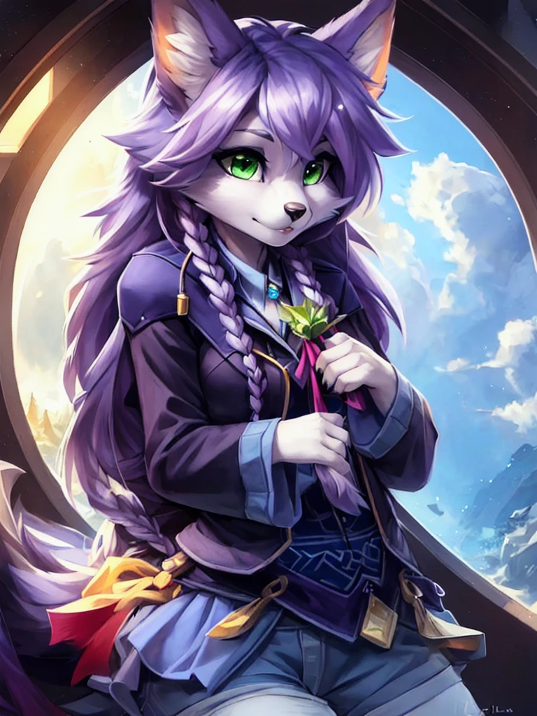 A beautiful and detailed (sweet portrait) wa, Star Fox, sslim, lovable, green eyes, medium breasts, (((Long hair 1.3))), Decollete, anthro, furry, Uploaded E621, detailed fluffy fur, (wa Fluff-Kevlar, Bayard Wu, personalize me, Pino Daeni), detailed face, (fluffy), 1 girl,  alone, 