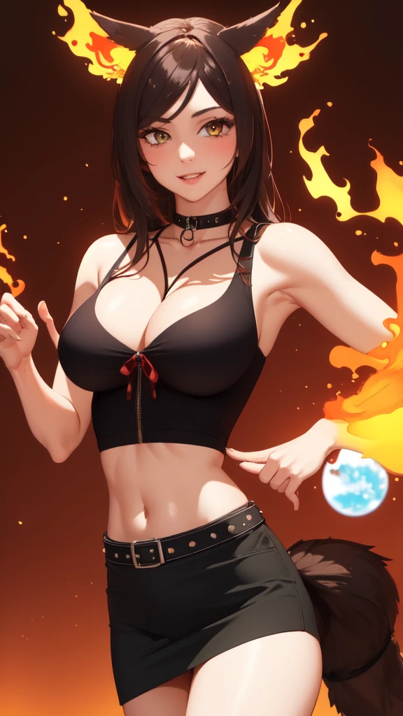 (masterpiece:1.3), (highly detailed:1.3), (highres:1.1), best quality, Ultra-detail, 1girl, solo, looking at viewer, fiery tail, wolf ears, Sinder vtuber, cleavage, standing, excited, red top, black mini skirt, pleated skirt. midriff,