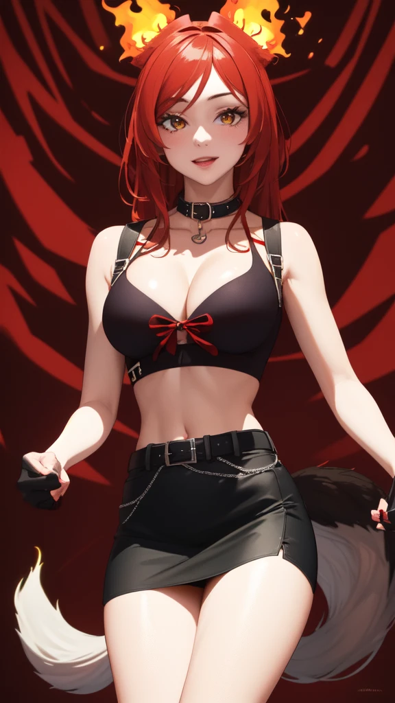 (masterpiece:1.3), (highly detailed:1.3), (highres:1.1), best quality, Ultra-detail, 1girl, solo, looking at viewer, fiery tail, wolf ears, Sinder vtuber, cleavage, standing, excited, red top, black mini skirt, pleated skirt. midriff, 