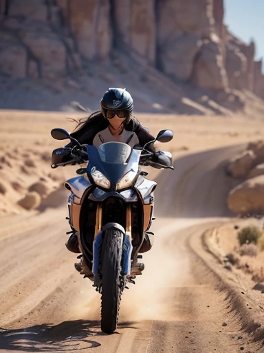 Japanese female, a lot of details, (underweight), 30 years old, detailed black hair, beautiful detailed hair, super fucking beautiful, desert, (riding motorcycle:1.2), (yamaha off road motorcycle),(running at full speed:1.5), (white t-shirt), (denim shorts), in the desert, with a sun, long shot, dynamic angle,motion blur:1.6