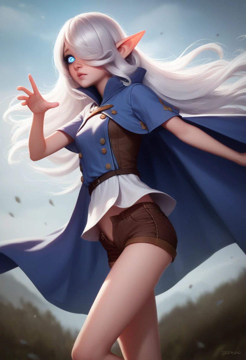 Girl, halfling girl, halfling, pale skin, short, short stature, very long hair, silver hair, straight hair that curls at the end, small breasts, pouty lips, masterpiece, best quality, dynamic pose, 8k, hair covering one eye, anime eyes, bright eyes, detailed eyes, big round eyes, blue eyes, realistic eyes, wind, windy, cute, sailer outfit, pirate outfit, short shorts, eyeliner, shy personality, detailed outfit, cold outside,wearing lots of belts, wind magic, cute outfit, sfw, dungeons and dragons, fantasy, adventurer 