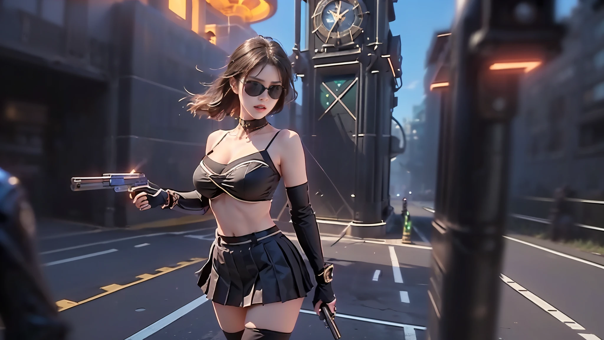 (aerial view). at night, futuristic sci-fi cyberpunk city, broad viaduct, skyscrapers at the end of the viaduct, the movie "13th Floor" style, (((((voltex-spirit-spreading giant clock tower as time machine))))), hq. Matrix style, at night, (1girl, solo), photo realistic, (large-breast:1.2 slim body, cleavage:1.3), (((tube top, extreamly short pleated (((miniskirt))) exposing panty))), (((((matrix style black sunglasses))))), (((((aiming at camera with a (pistol)))))), (((half-body (thigh level) medium shot))), (cinematic lighting).