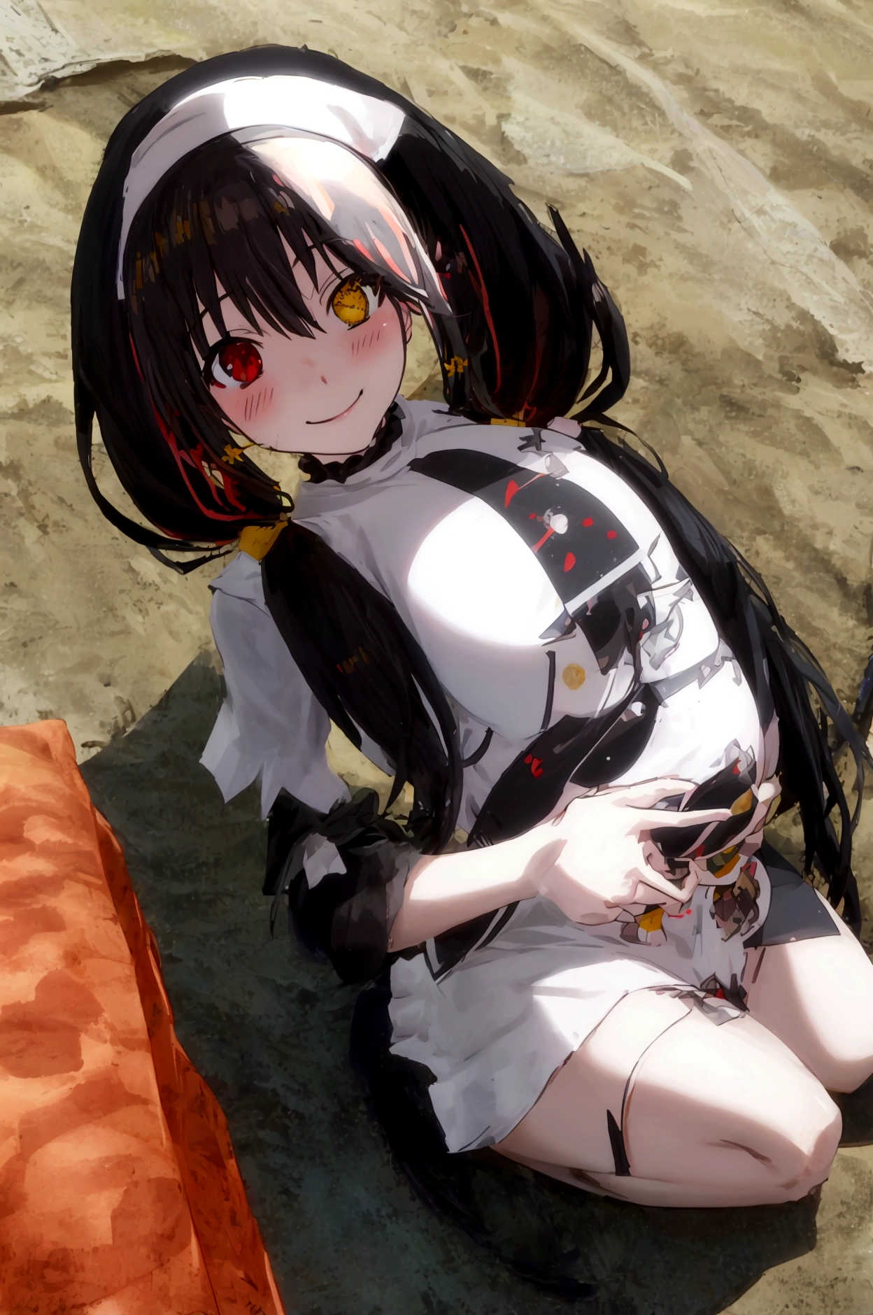 Anime adaptation for this character, (masterpiece) , (best quality), (ultra HD), 4K, ultra quality, best lighting, 1girl, ((tokisaki kurumi)), long hair, black hair, (((low twintails))), heterochromia, ((right red eye:1, left yellow eye:1)), nun, ((nun cosplay)), ((big breast)), ((big thigh)), smile, blush, cute face, ((gesugao face)), sitting, sexy body, sexy, looking at viewer, large the breast, nsfw, in the beach, ((beach))