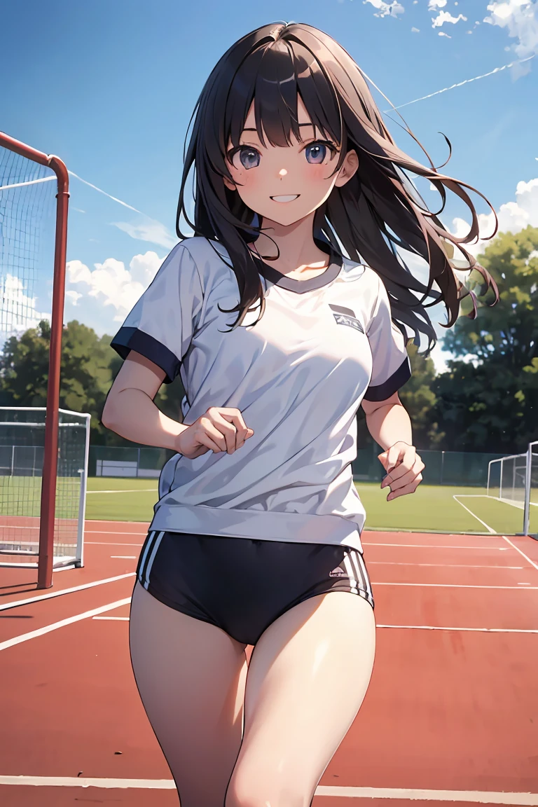 Absurd, masterpiece, Very detailed, Schoolyard、A black-haired high school girl running on the playground、Black bloomers, White gym clothes、hurdle、Sports Field,Outdoor, Medium Long Hair、smile、Beautiful breasts
