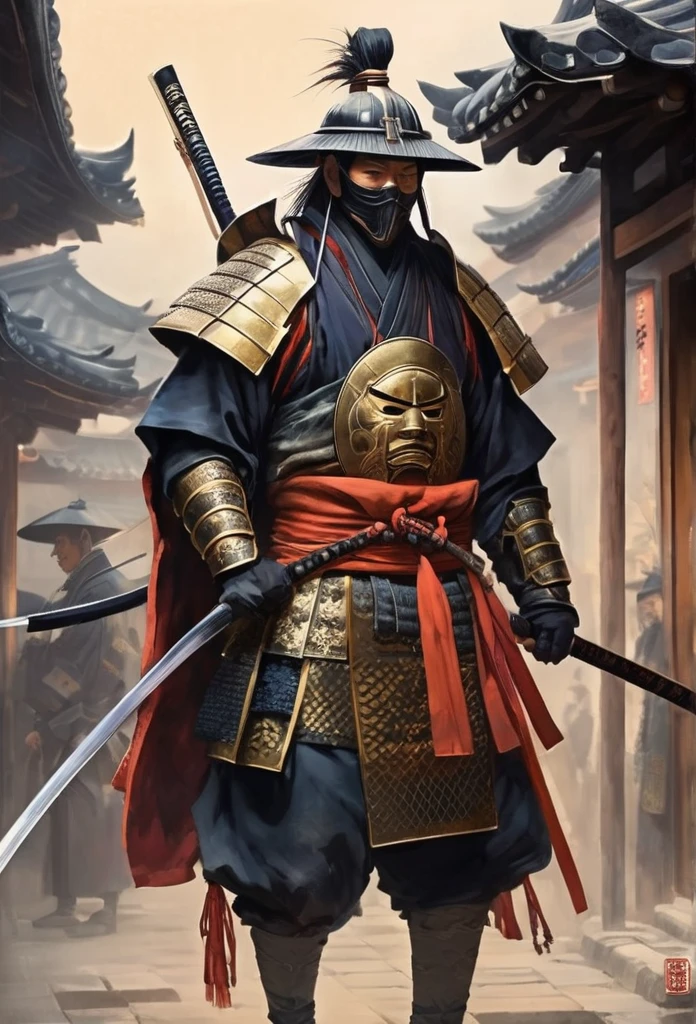 A Japanese warrior ronin with magnificent mask in portrait, the atmosphere is heavy and sad. It's very detailed and in the atmosphere of the old quarter of the time