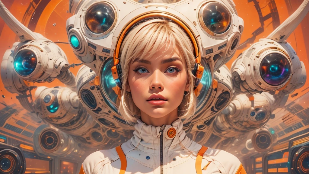 arafed image of a white woman in a futuristic suit with a spaceship in the background, movie art, in front of an orange background, inspired by Robert McGinnis, female protagonist, megastructure in the background, portrait of an ai astronaut, astronauts, an astronaut, portrait of a astronaut skeletor, perfect android girl, Highly Detailed Face and Skin Texture, Detailed Eyes, Double eyelids, perfectly detailed teeth, frank franzzeta and sakimichan
