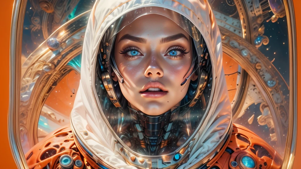 arafed image of a white woman in a futuristic suit with a spaceship in the background, movie art, in front of an orange background, inspired by Robert McGinnis, female protagonist, megastructure in the background, portrait of an ai astronaut, astronauts, an astronaut, portrait of a astronaut skeletor, perfect android girl, Highly Detailed Face and Skin Texture, Detailed Eyes, Double eyelids, perfectly detailed teeth, frank franzzeta and sakimichan  