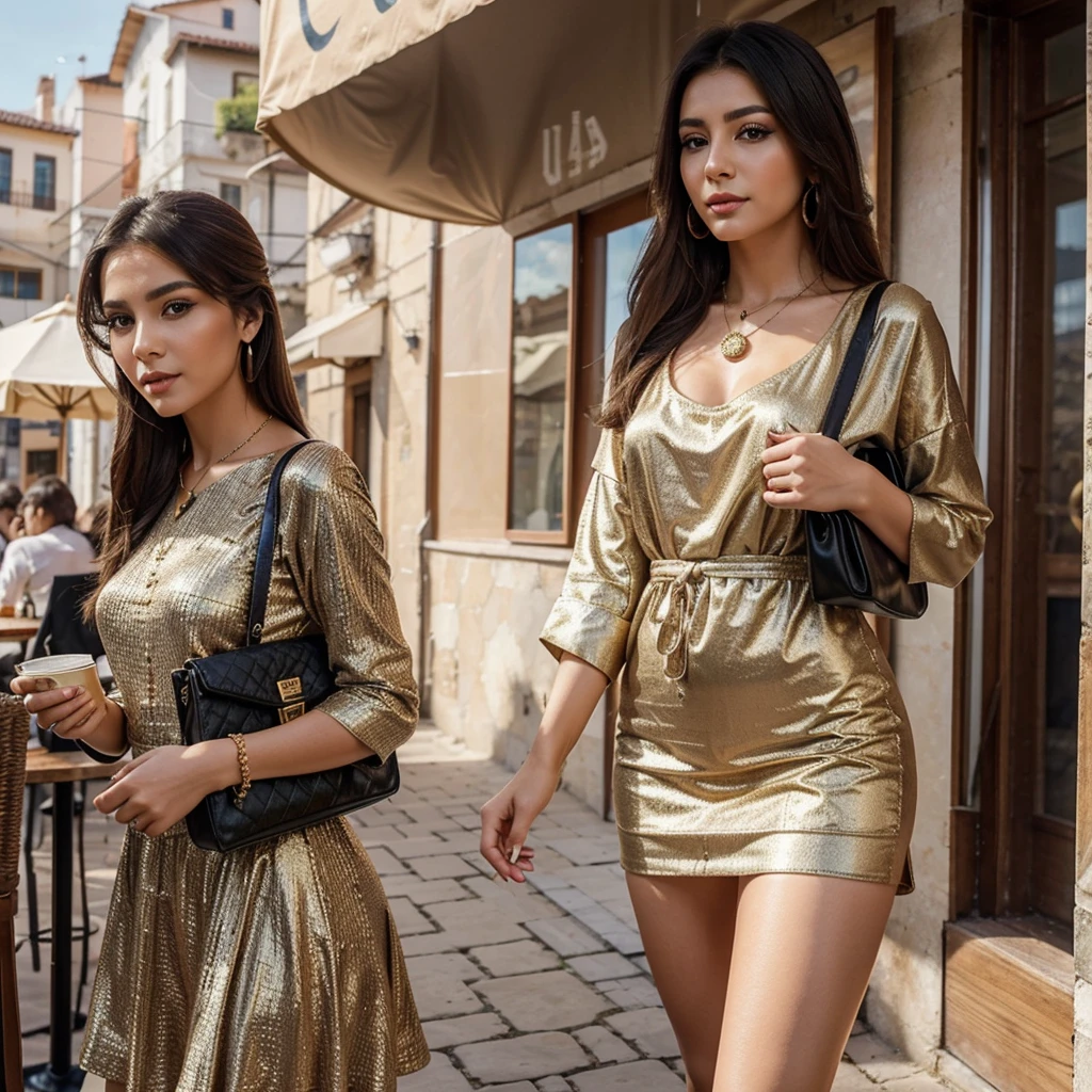 Generate me the most beautiful Turkish woman in the world dressed in young but stylish outfit with beautiful jewelry, beautiful makeup, a beautiful bag... all this in a landscape of a cafe in 8k I want as much detail as possible with the best quality at world and when people look at the photo they say wow it's incredible