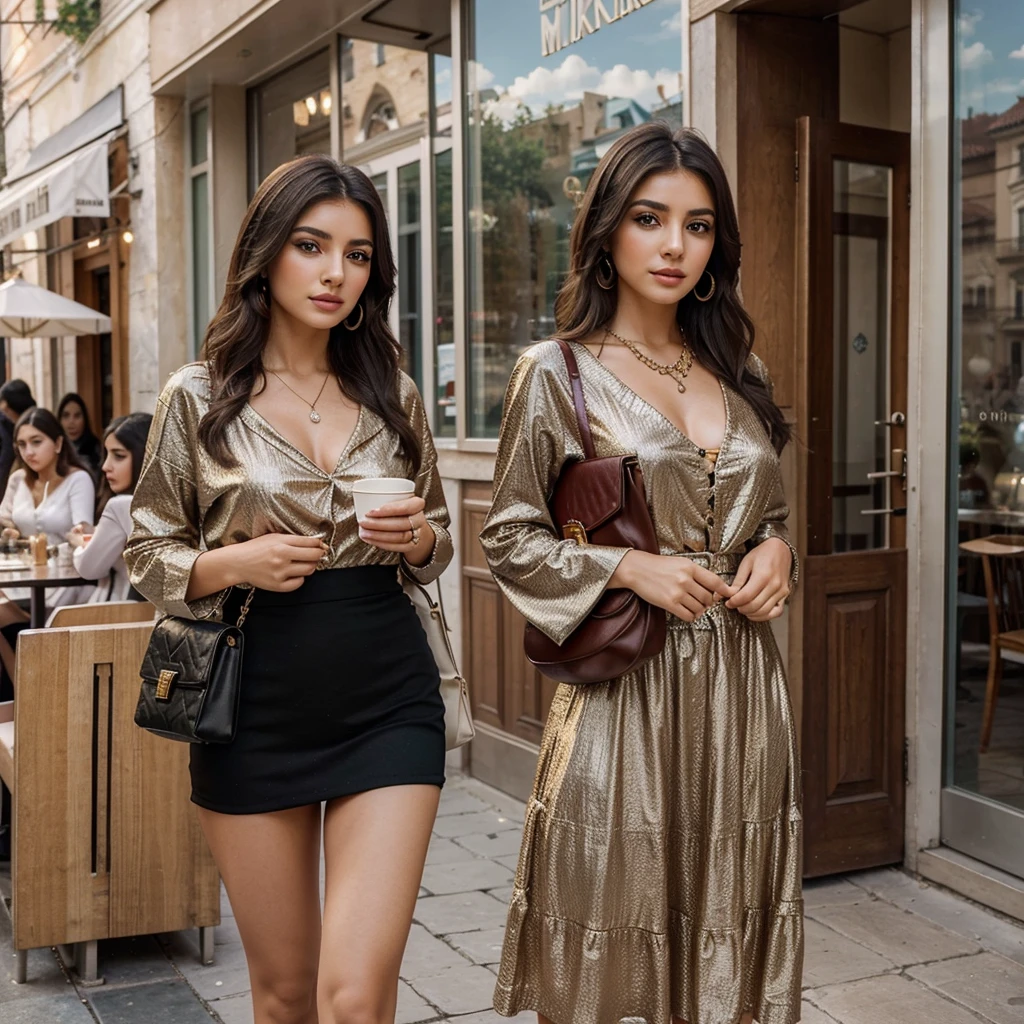 Generate me the most beautiful Turkish woman in the world dressed in young but stylish outfit with beautiful jewelry, beautiful makeup, a beautiful bag... all this in a landscape of a cafe in 8k I want as much detail as possible with the best quality at world and when people look at the photo they say wow it&#39;s incredible 