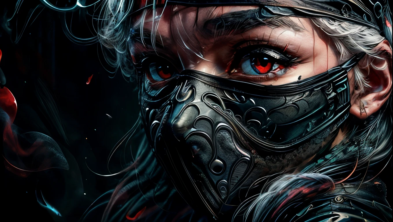 a woman with purple black smoke coming out of her eyes and mouth, dark background, cinematic lighting, dark fantasy, ethereal, dramatic, high contrast, moody, intense, mysterious, supernatural, surreal, (best quality,4k,8k,highres,masterpiece:1.2),ultra-detailed,(realistic,photorealistic,photo-realistic:1.37),digital art, dark art, concept art, dark fantasy art, dark portrait, dark fantasy portrait, ((wearing a black mask)), ((red eyes)), ((white hair))