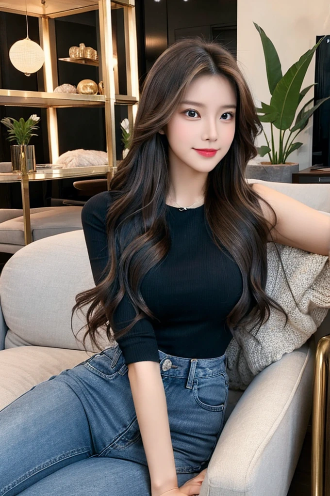 Generate an image of a stunning 20-year-old Asian woman with beauty akin to a goddess of the fire element. She has big brown eyes, dark brown hair, glowing skin, and an attractive appearance. She is wearing a beautiful top paired with blue skinny jeans. The woman is sitting sweetly on a living room sofa, her posture relaxed and inviting, surrounded by cozy and elegant decor.