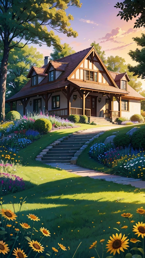Create a stunning, serene digital artwork of a cozy countryside home bathed in the golden light of the setting sun. The house, a charming two-story with a welcoming porch, is nestled among a vibrant, sprawling garden. The garden is a riot of colors, filled with daisies, sunflowers, and various wildflowers that sway gently in the breeze.Add five colourful butterflies
In the foreground of the scene, the lush green grass, surrounded by blooming flowers. He appears lost in thought, gazing dreamily at the house, perhaps imagining the stories and adventures that could unfold in such a beautiful place.
The sky is a canvas of warm hues, with streaks of pink, orange, and purple as the sun sets, casting a soft glow over the entire scene. The atmosphere is peaceful and idyllic, evoking a sense of nostalgia and longing for a simpler, more magical time.