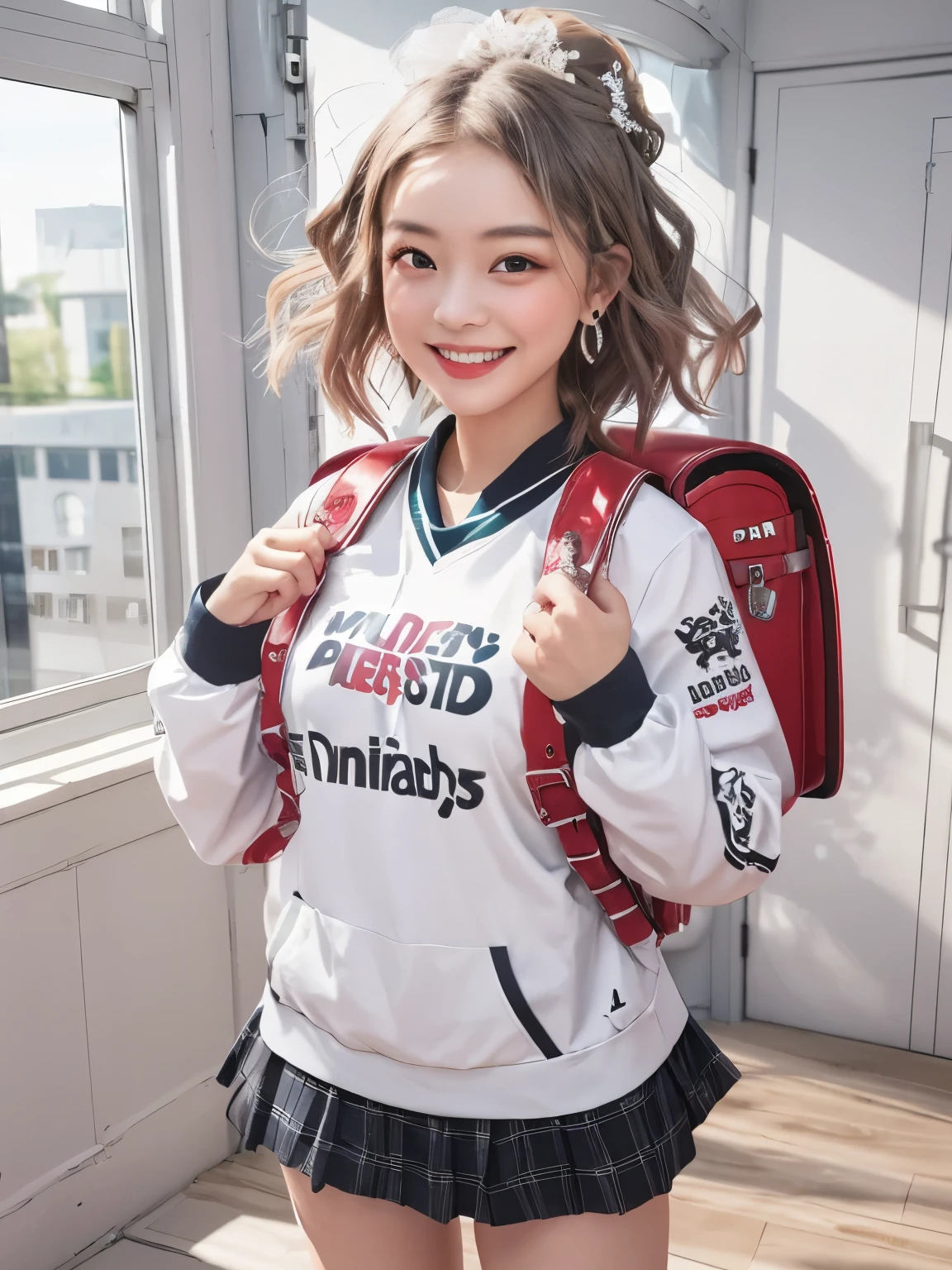 Masterpiece, hd, realistic, black hair, a girl with (embarrassed:1.5) smile and smile line is wearing one wedding ring on left ring finger and earrings and randoseru backpack and girl's long sleeve printed logo clothes and skirt is standing in rooms