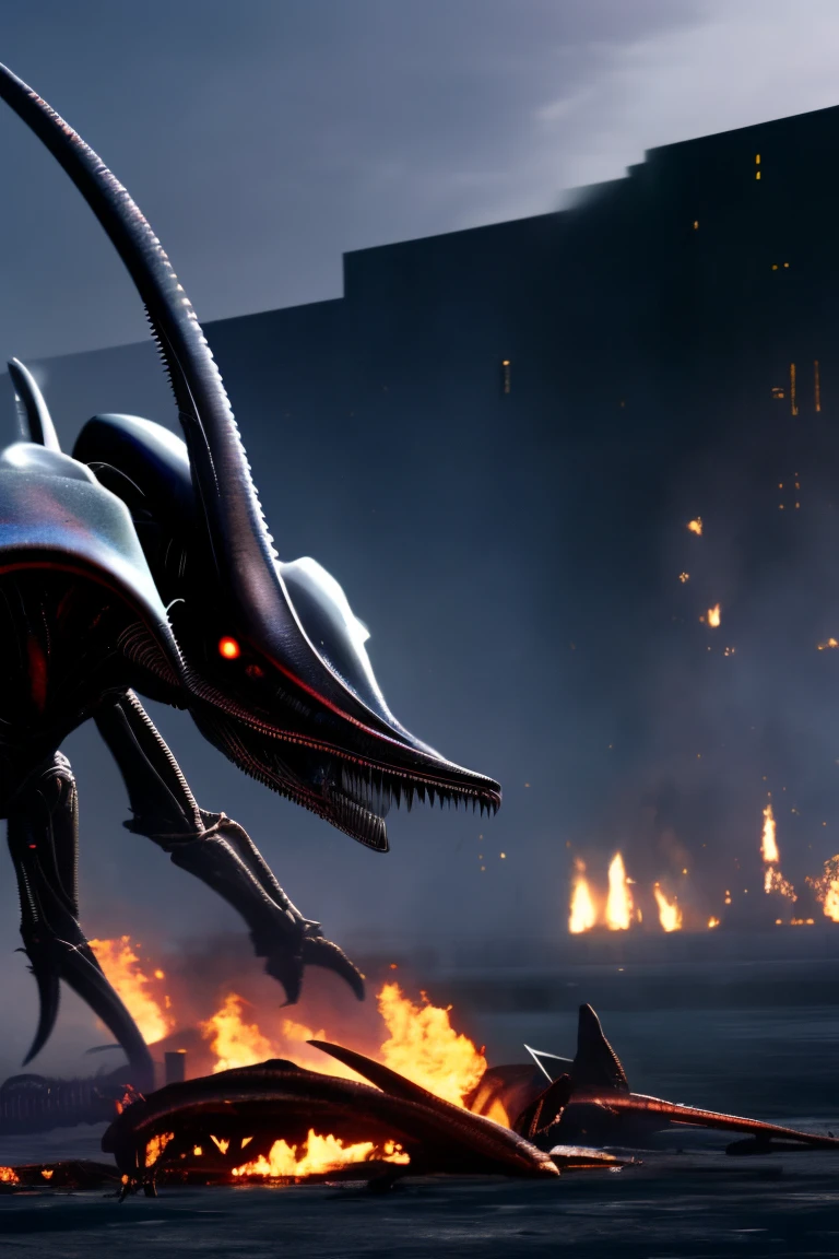 A dramatic image depicting the terrifying attack of Aliens and Predators on earth. The details should reflect the destruction and chaos caused by this attack. Show Aliens with open jaws and sharp fangs, and Predators with advanced technology and deadly weapons. The background should reflect a devastated cityscape, with collapsed buildings, smoke and smoldering flames. Make sure this image looks very real and detailed, so that it can portray a tense and action-packed situation. hyper photo realistic.