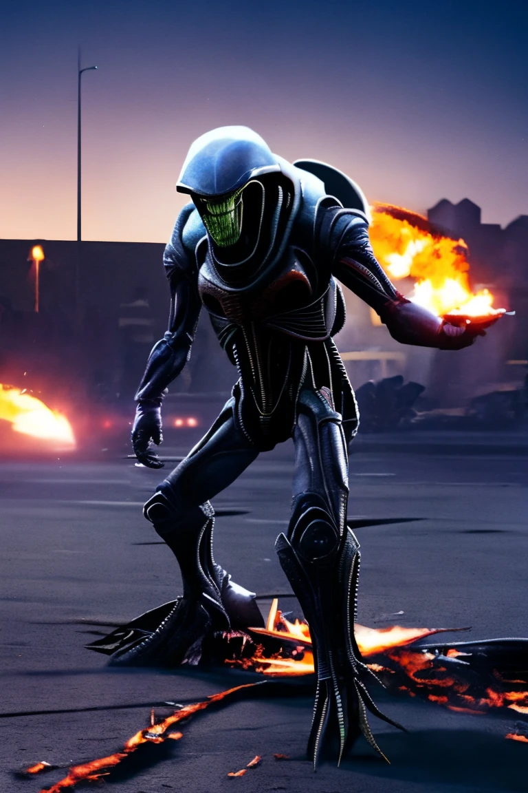 A dramatic image depicting the terrifying attack of Aliens and Predators on earth. The details should reflect the destruction and chaos caused by this attack. Show Aliens with open jaws and sharp fangs, and Predators with advanced technology and deadly weapons. The background should reflect a devastated cityscape, with collapsed buildings, smoke and smoldering flames. Make sure this image looks very real and detailed, so that it can portray a tense and action-packed situation. hyper photo realistic.