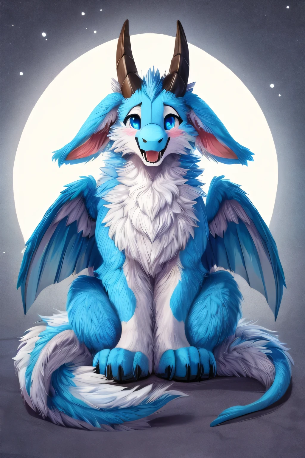 furry art, feral, furred dragon, female, white and blue fur, thicc, wings, 4 ears, four ears, 4 big ears, multiple ears, many ears, horns, tail, chest fluff, paws, fangs, embarrassed, happy, blind, faded eyes, faded blue eyes, faded cloudy eyes, staring off into space, extra fluffy, quadruped, drunk, intoxicated