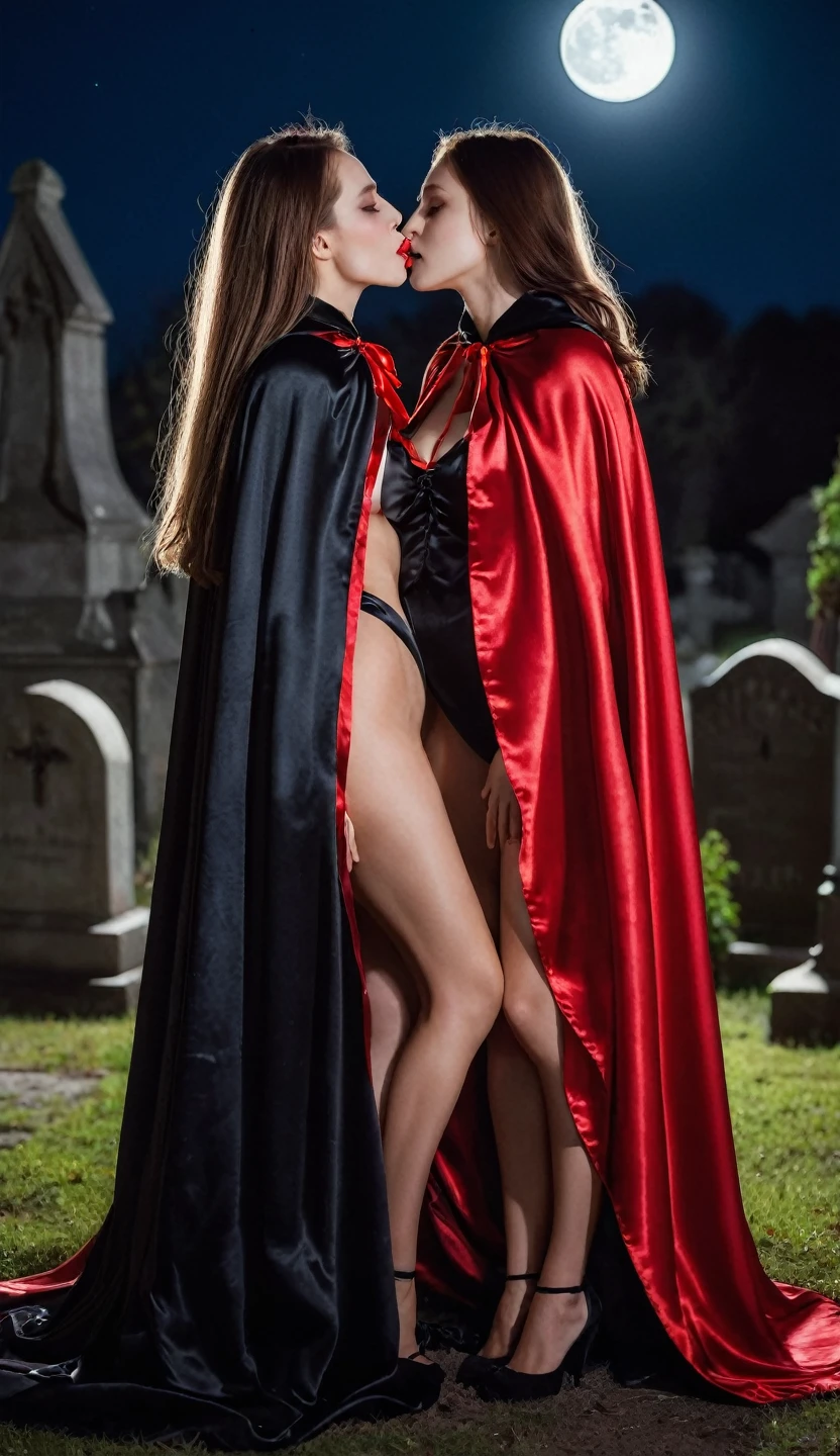 vampire teeth , ((((nighttime))) , 2girls,looking at each other in the eye, long hair , RAW photo, high quality, film grain,simple background, presenting, beautiful, (black and red lined satin cloak tied at the neck:1.20) , kissing necks , breasts,big ass, clothes lift,bottomless,  moonlit graveyard , (2girls,yuri), 