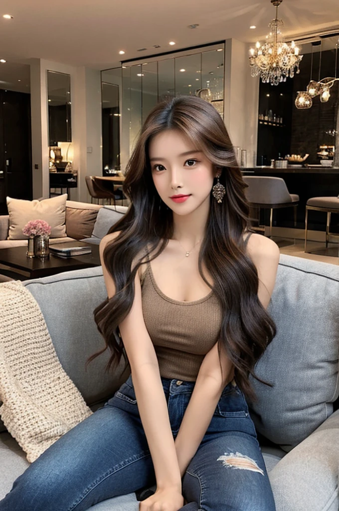 Generate an image of a stunning 20-year-old Asian woman with beauty akin to a goddess of the fire element. She has big brown eyes, dark brown hair, glowing skin, and an attractive appearance. She is wearing a beautiful top paired with blue skinny jeans. The woman is sitting sweetly on a living room sofa, her posture relaxed and inviting, surrounded by cozy and elegant decor.