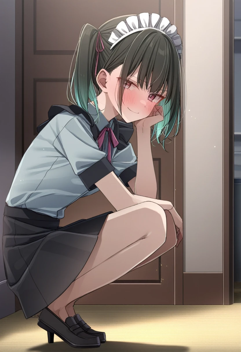 girl、、Gray Hair、Black Hair Ribbon、White shirt、Green vest、Clothes falling apart、Nipples、Masturbation、Touching the pussy、Squirting、sexual excitement、Red face、Sigh、Close your eyes