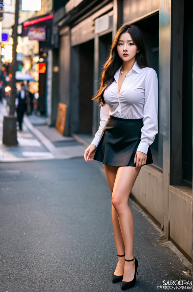 a 17 year old girl, she is the most beautiful actress in the world, the perfect body proportions of this girl, her large breasts within formal shirt are covered by the blazer, the shirt under the blazer is seen but the bra and bare breasts are not, her crotch area of the panties are hardly hidden by short skirt, her bare legs, it's just front of her body, it's no space above her head, she is standing at the city street, nsfw, best quality, highly detailed, masterpiece, ultra high res, photo realistic, 8k, RAW photo