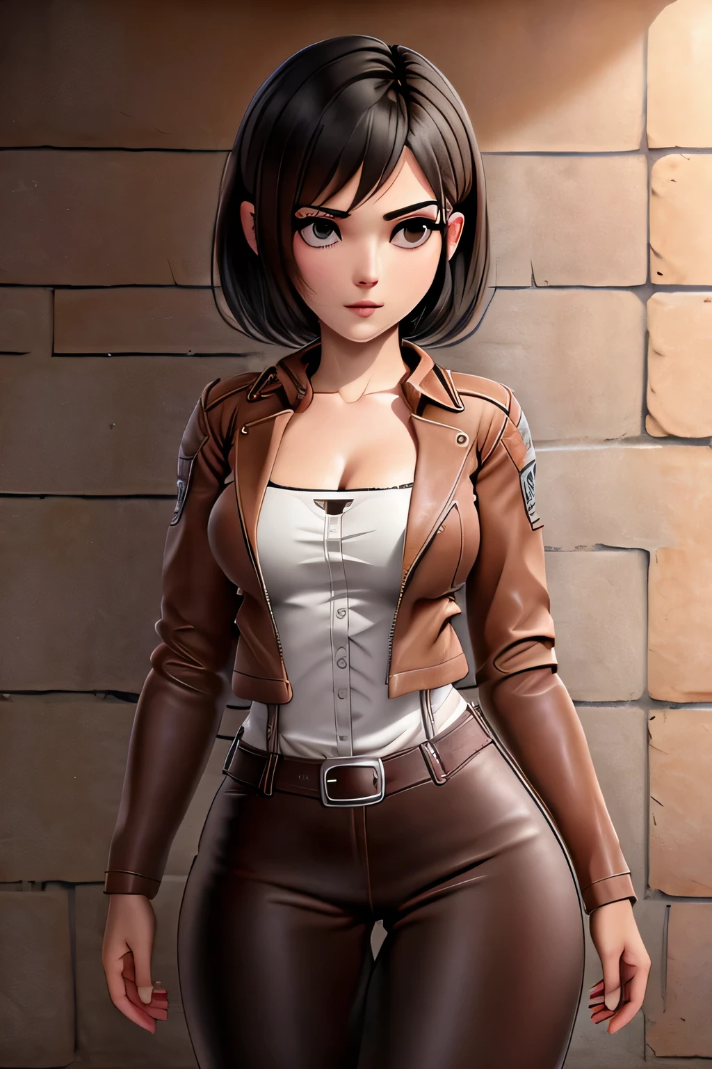 close up 1girl in, Mikasa Ackerman, teenager, Solo, short cut hair, sleek black hair, pale skin, full large breasts, cleavage, runners body, (thin hips, thin waist: 1.25), (arched back:1.12), detailed skin, neutral face, revealing clothes, (wearing brown leather jacket only, NSFW: 1.4), (detailed castle wall background:1.4), 4k textures, soft light, elegant, highly detailed, sharp focus, soothing tones, insane details, intricate details, hyperdetailed, low contrast, exposure blend, hdr, faded