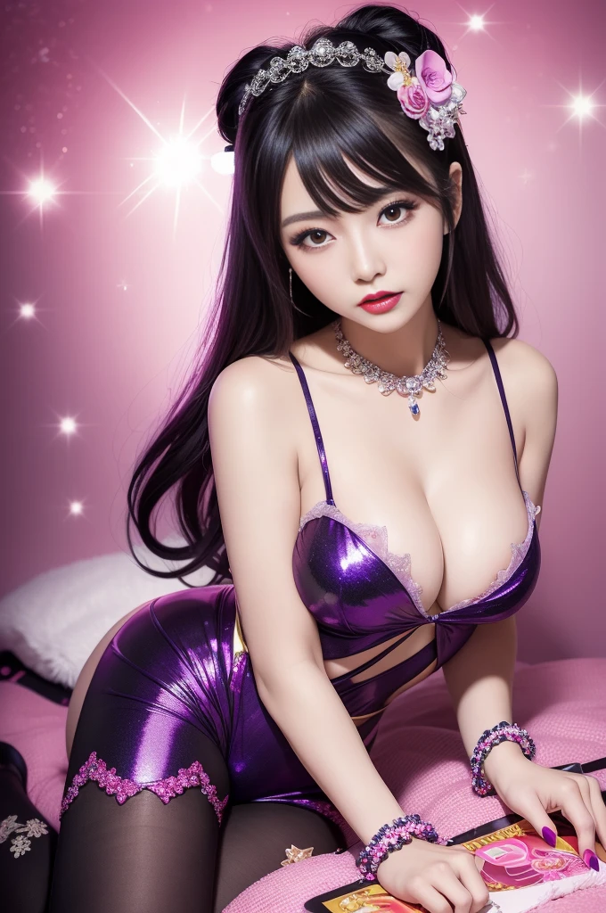 sexy Japanese model who controls poison、beautiful smile、lipgloss、bold lipstick、intense makeup、look at the camera、full body Esbian、、sparkling poisoned flower costume、、、、sparkling Colorful hair、secrete poison、skull hair accessories、sexy tights、shiny sparkling flowers background