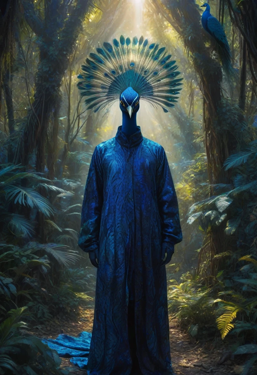 Create an otherworldly scene featuring a mysterious figure standing amidst a vibrant jungle. The person wears an intricate blue and yellow garment, their face obscured by pixelation. Peacock feathers adorn the background, and sunlight reflects off oil slicks, making the trees and bushes appear multihued and surreal
