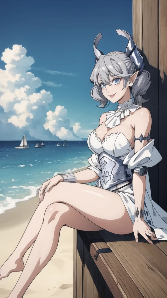 Beautiful arts wallpaper Sunset Outside castle top  High level image quality　best image quality　8K　 adult woman   silver castle outside  more colors   whole body view　portrait　 wearing pure white pirate dress  　horn    ears  　short hair（（shortcut）（gray hair）（perm）（fluffy））　eye color is blue ,  , 　attractive evil face , smile   ,  beach   ,  labrynth       , barefoot , teasing with her breast,   , sitting with crossed legs  , waves