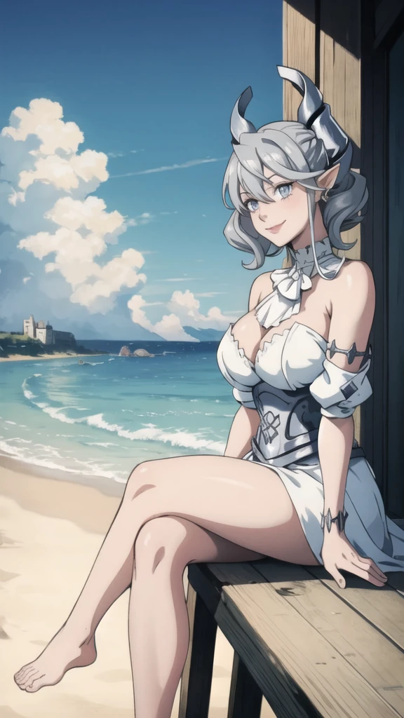 Beautiful arts wallpaper Sunset Outside castle top High level image quality best image quality 8K adult woman silver castle outside more colors whole body view portrait wearing pure white pirate dress horn ears short hair((shortcut)(gray hair)(perm)(fluffy)) eye color is blue , , attractive evil face , smile , beach , labrynth , barefoot , teasing with her breast, , sitting with crossed legs , waves